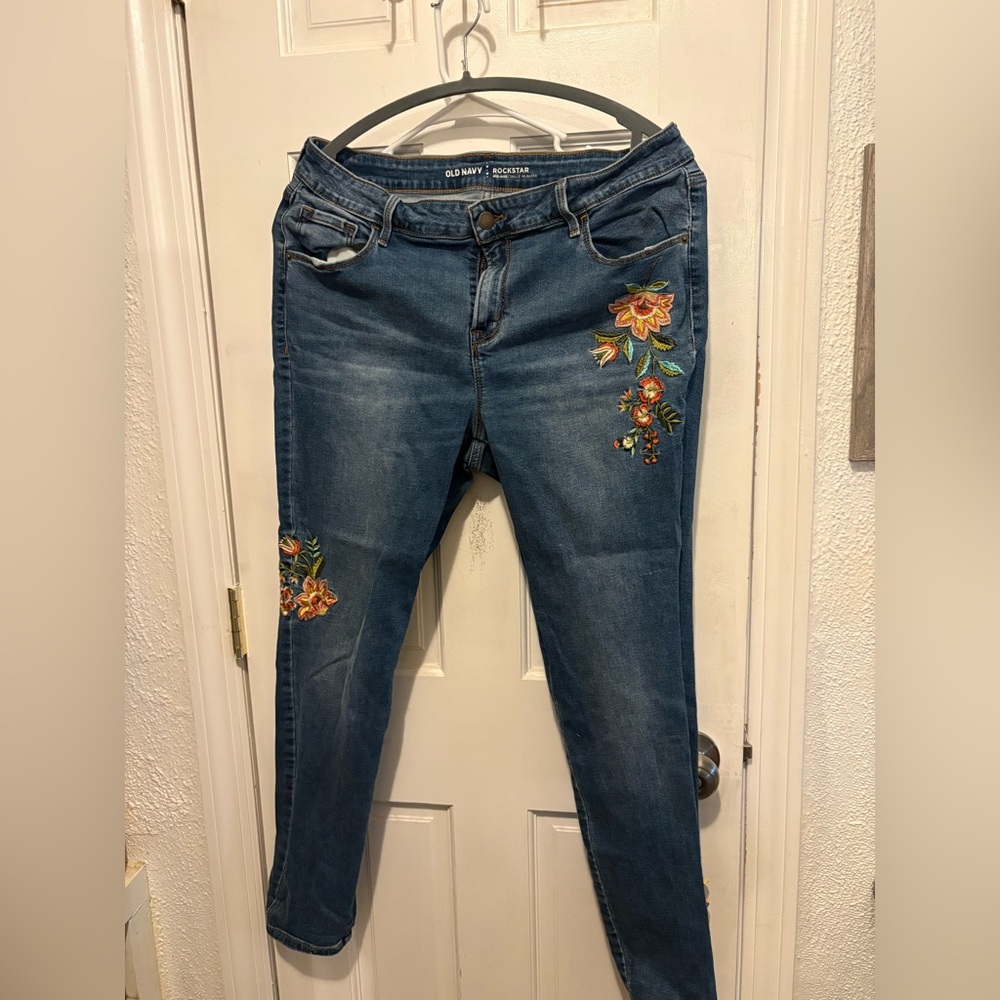 Old Navy Blue Denim with Floral Embroidery Size 12 Regular